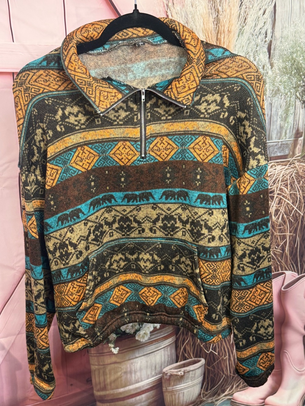 Zaful, Mustard & Brown Patterned Cowl-Neck Half-Zip Sweater Size Medium/6